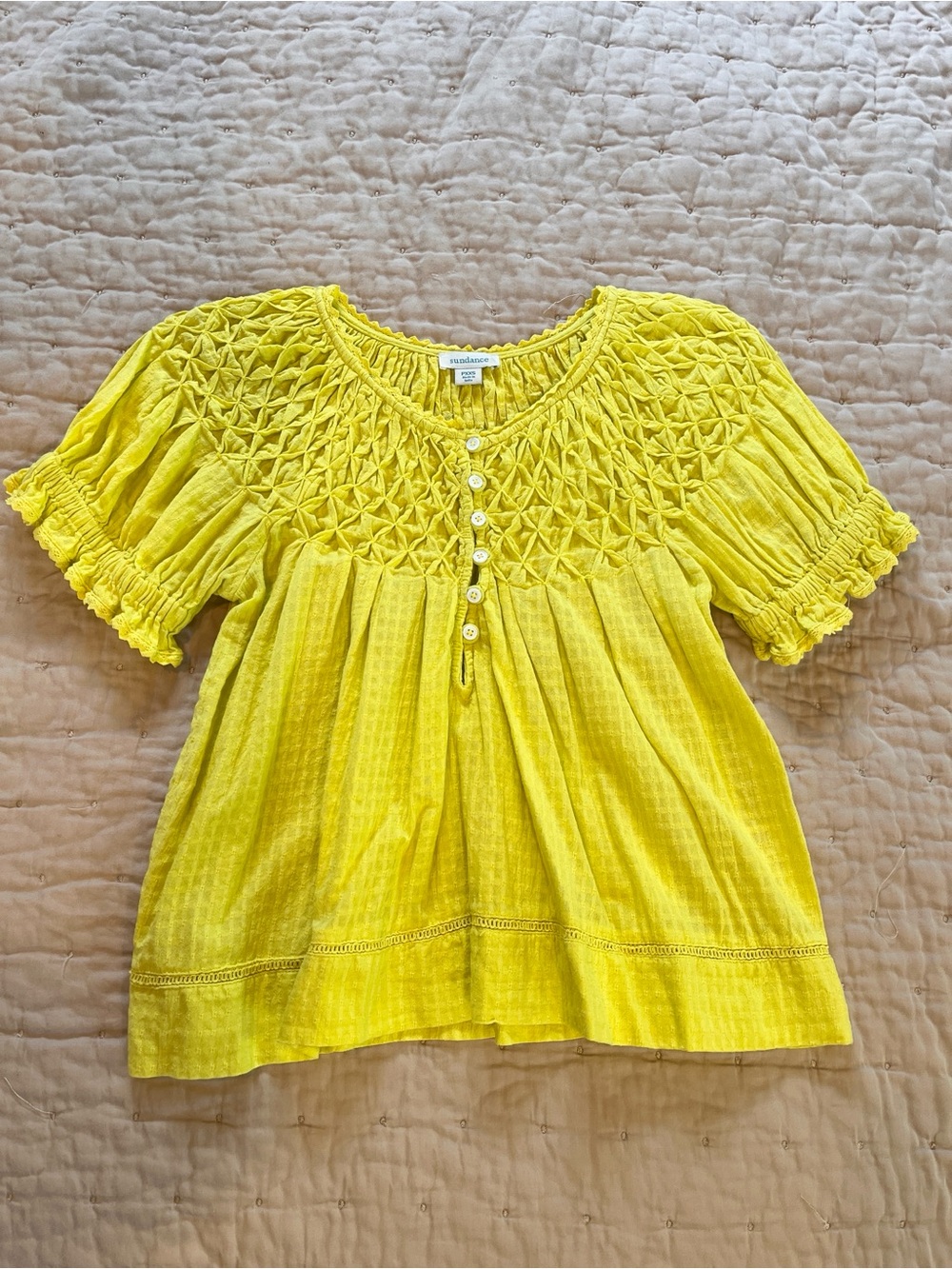 Sundance Bright Yellow Limeade Smocked Yoke Short Sleeve Blouse